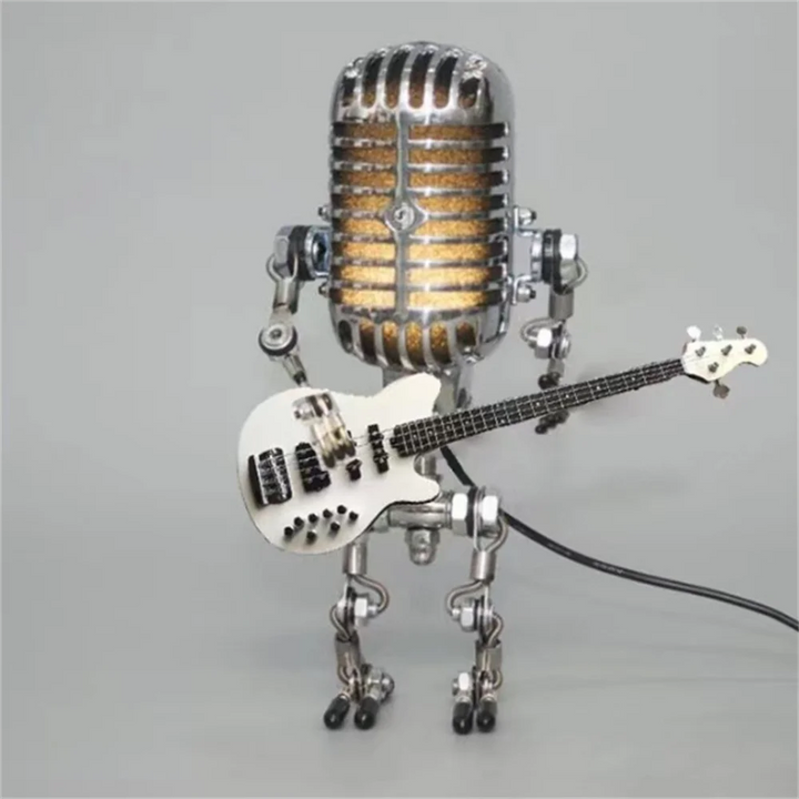 Designerska lampa stołowa LED, robot z gitarą. Nowoczesna dekoracja i oświetlenie sypialni.