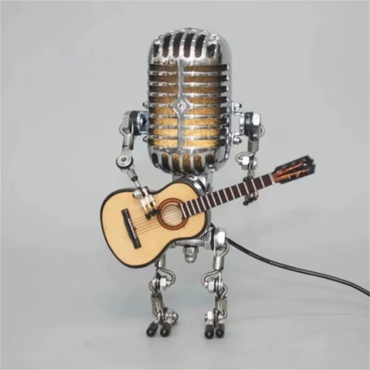 Unikalna lampa stołowa w kształcie robota z gitarą. Stylowe oświetlenie LED do salonu.