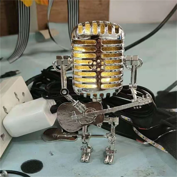 Nowoczesna lampa stołowa LED Robot z gitarą, designerska dekoracja, oświetlenie biurka.