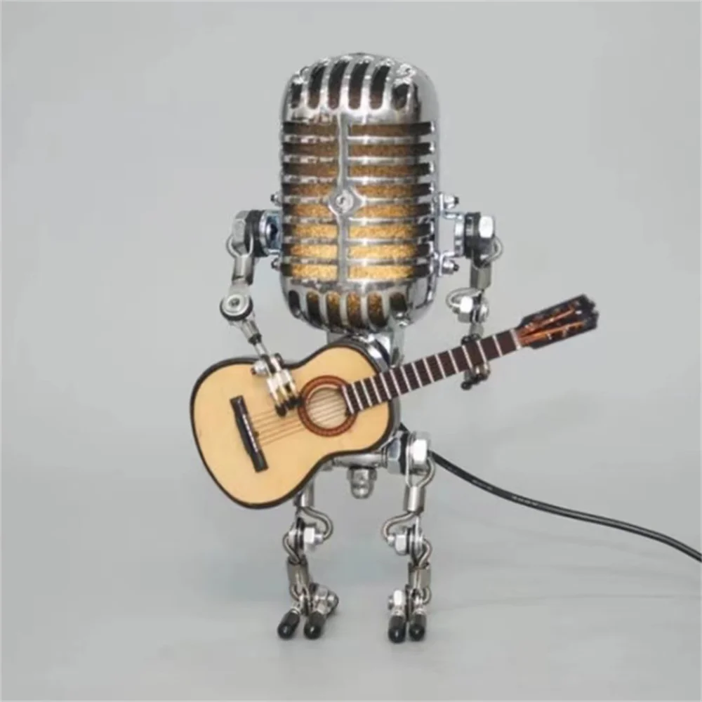 Lampa stołowa LED Robot z gitarą, ciepłe światło. Designerskie oświetlenie dekoracyjne.