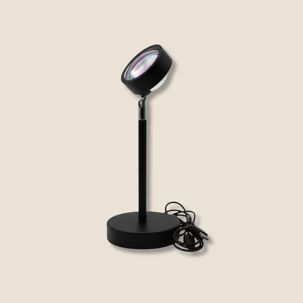 Designerska lampa na stół LED, efekt zachodu słońca. Regulowana wysokość, pomarańczowe, relaksujące światło.