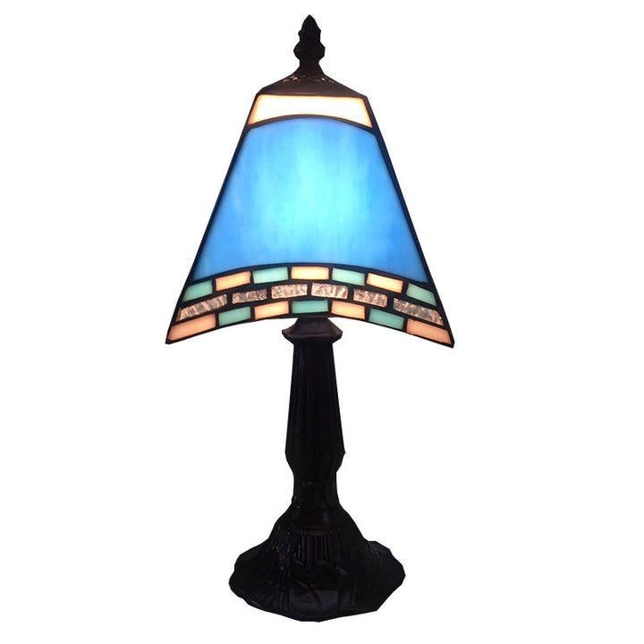 Lampa stołowa granatowa, nocna, ze szklanym kloszem w morskim stylu, do sypialni lub salonu.