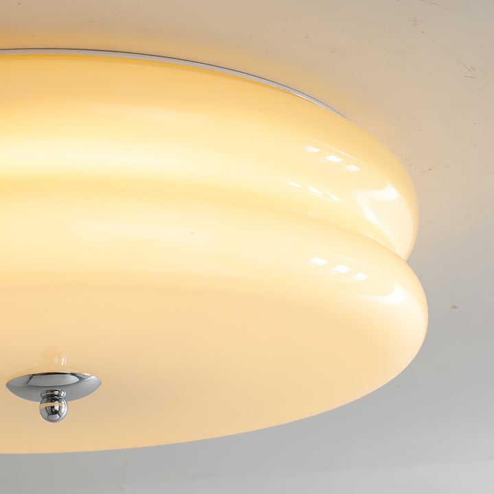 Chromowana lampa sufitowa retro LED, do salonu, z ciepłym światłem. Designerskie oświetlenie.