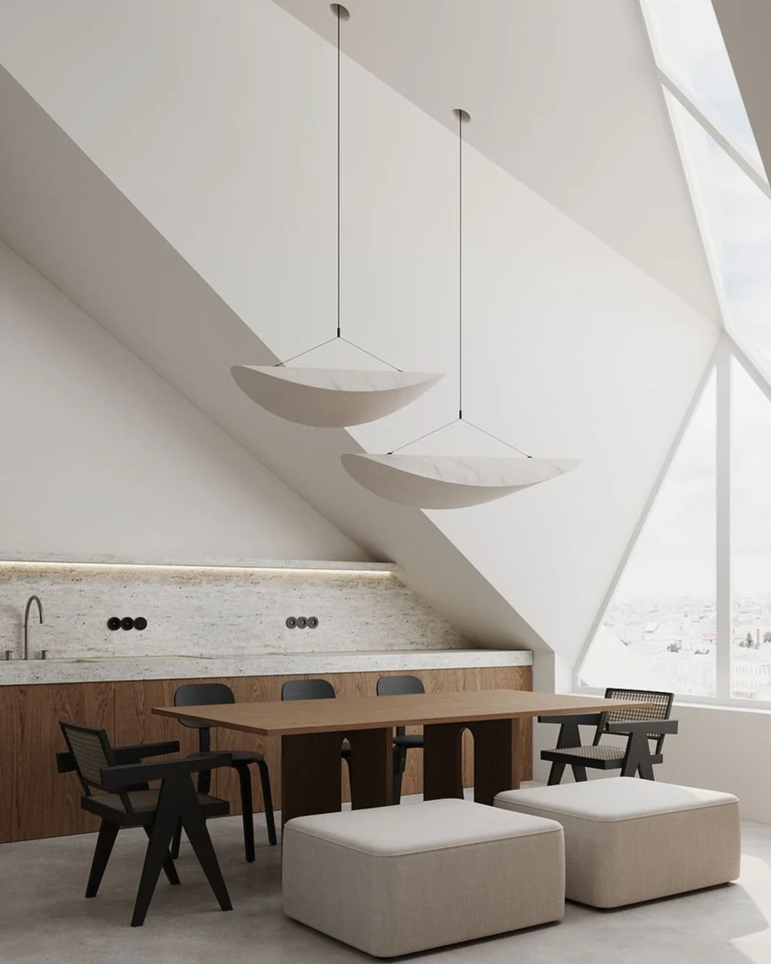Oświetlenie sufitowe Japandi, nowoczesny design z efektem zaćmienia, tworzące przyjemną atmosferę.