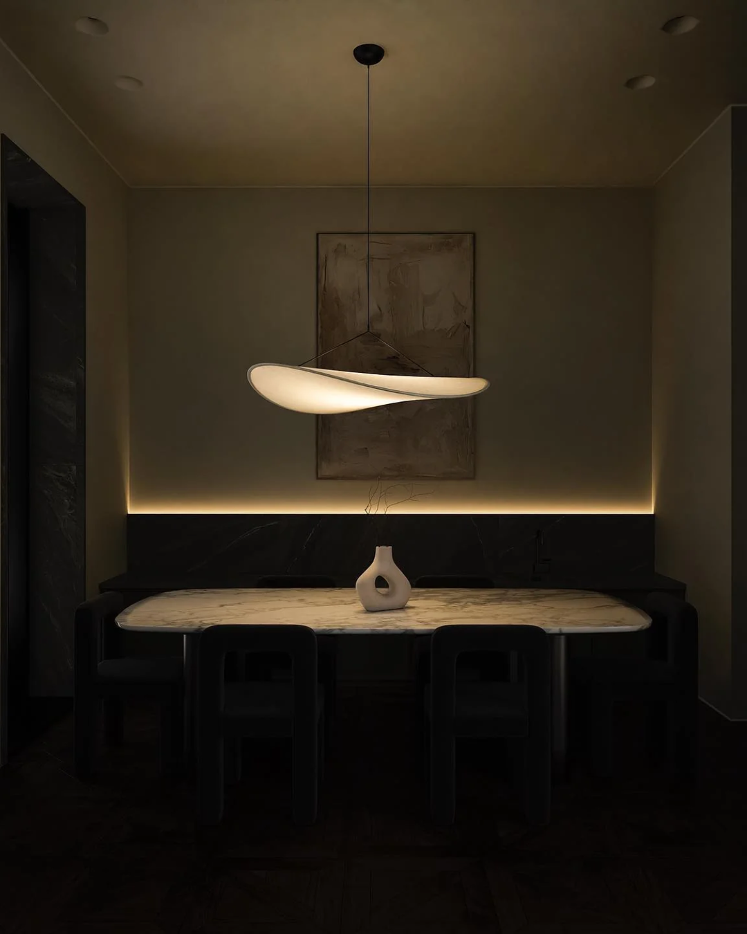 Lampa sufitowa z efektem zaćmienia, inspirowana stylem Japandi, nowoczesne i funkcjonalne oświetlenie.