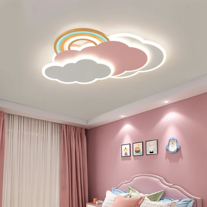 Bajkowa lampa sufitowa LED dla dzieci z motywem tęczowych chmurek. Energooszczędne oświetlenie sufitowe do pokoju.