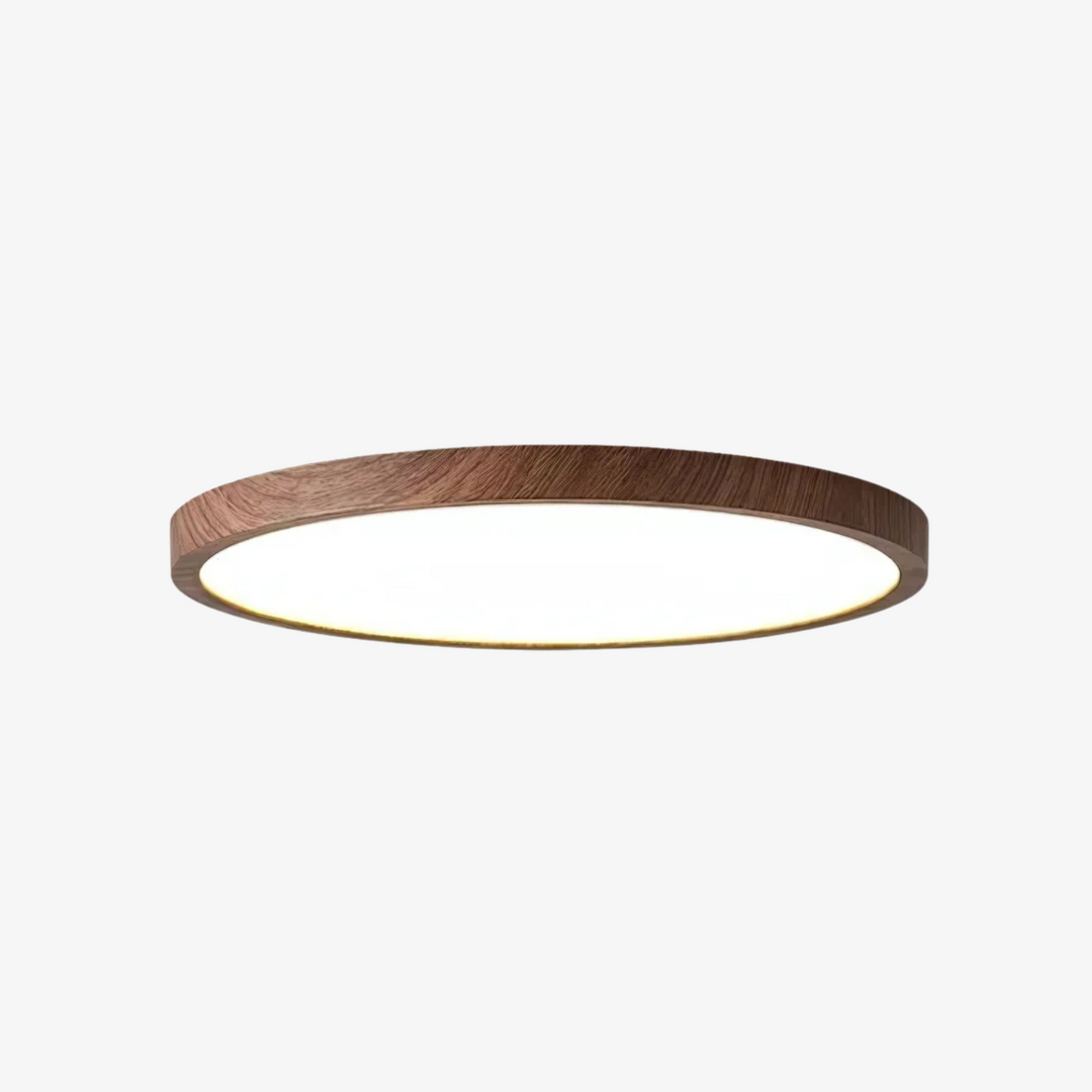 Lampa sufitowa LED Japandi, ultrasmukła, okrągła, drewniana oprawa do salonu. Minimalistyczne oświetlenie.