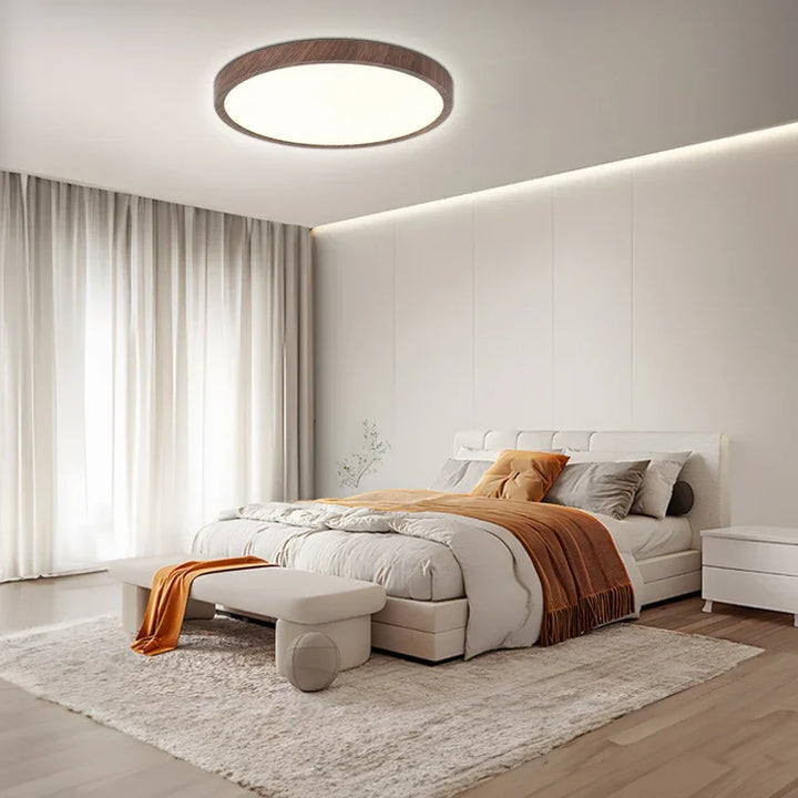 Nowoczesna lampa sufitowa LED do salonu, design japandi. Płaska, elegancka, energooszczędna.