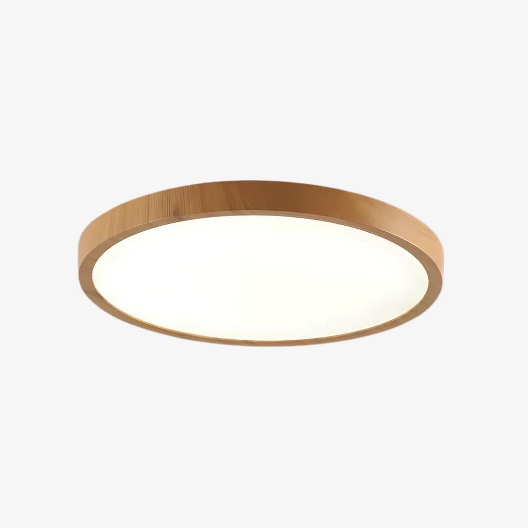 Płaska lampa sufitowa LED, energooszczędna, w stylu japandi. Okrągła, z drewnianą ramą do nowoczesnych wnętrz.