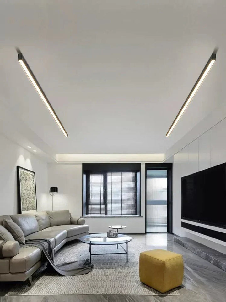 Lampa sufitowa LED skandynawska, czarna listwa liniowa do nowoczesnego salonu i jadalni.