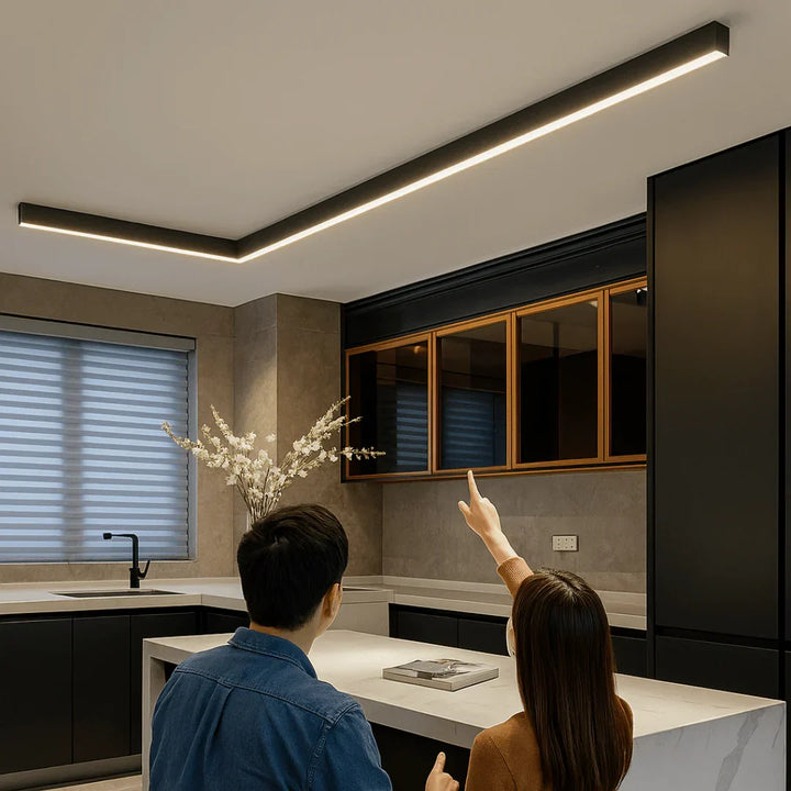 Elegancka lampa sufitowa LED, minimalistyczna listwa liniowa idealna do sypialni i nowoczesnych wnętrz.