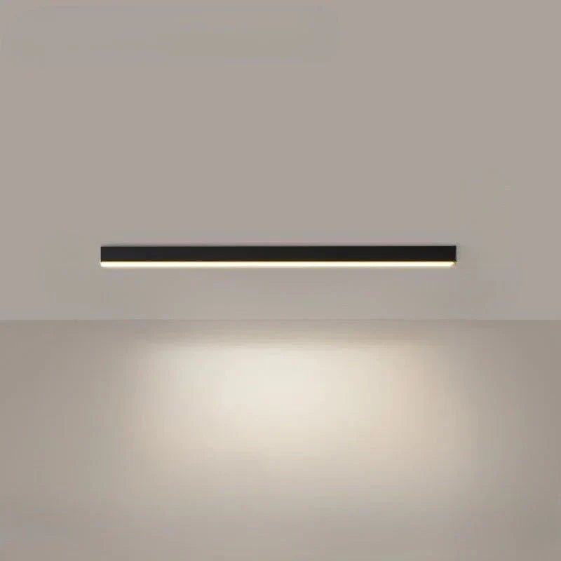 Elegancka lampa sufitowa LED, czarna listwa liniowa, designerskie oświetlenie minimalistyczne do biura.