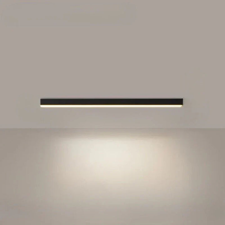 Elegancka lampa sufitowa LED, czarna listwa liniowa, designerskie oświetlenie minimalistyczne do biura.