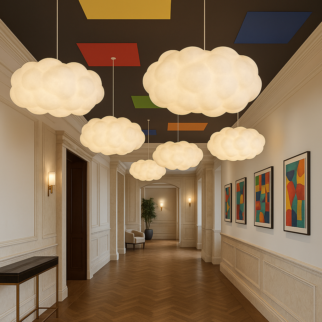 Nowoczesna lampa sufitowa chmura LED do salonu. Regulowane nastrojowe oświetlenie podkreśli stylowy wystrój.