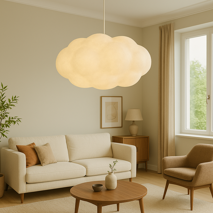 Lampa sufitowa LED w kształcie chmury, wisząca w nowoczesnym wnętrzu. Regulowane oświetlenie idealne do domu.