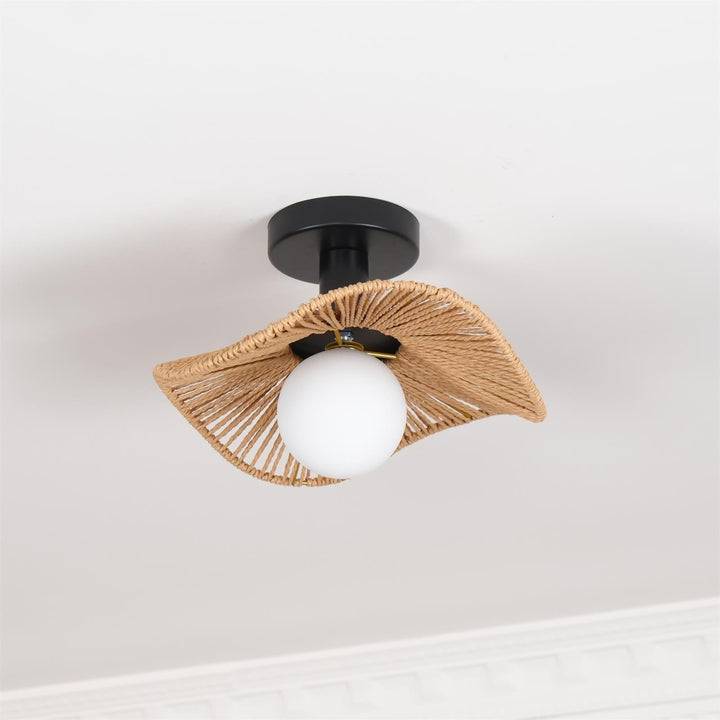 Oświetlenie Tilda. Lampa sufitowa ze szkła i liny konopnej, nowoczesny styl do salonu.