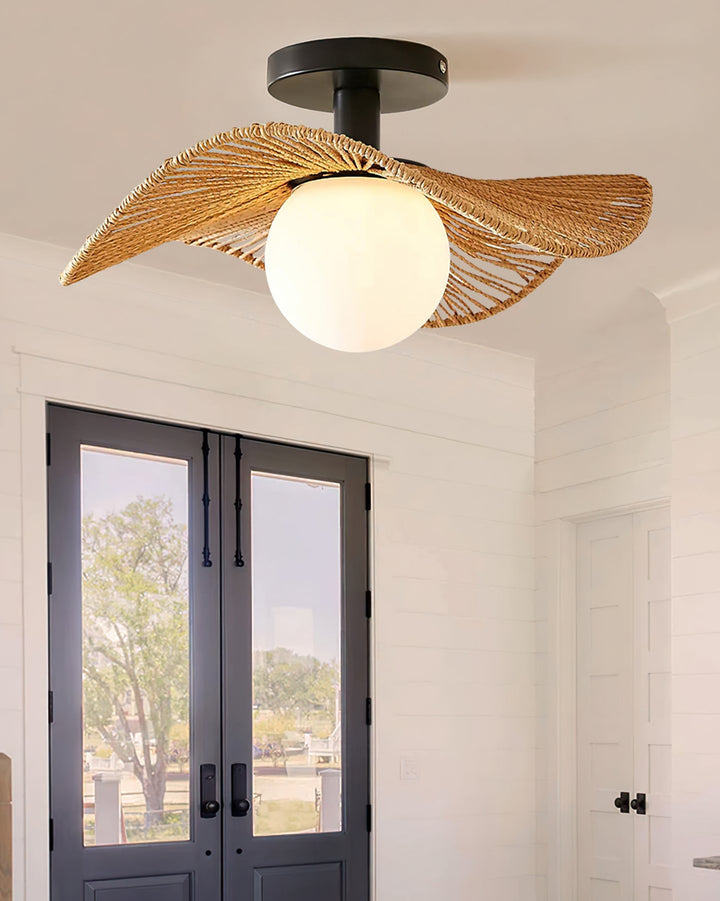 Elegancka lampa Tilda. Oświetlenie sufitowe, szkło i naturalna lina konopna.