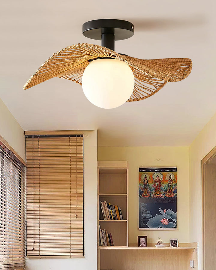 Designerskie oświetlenie Tilda. Lampa sufitowa ze szkła i liny konopnej do sypialni.