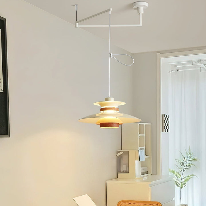 Drewniana obrotowa lampa wisząca LED. Nowoczesne designerskie oświetlenie sufitowe do salonu.