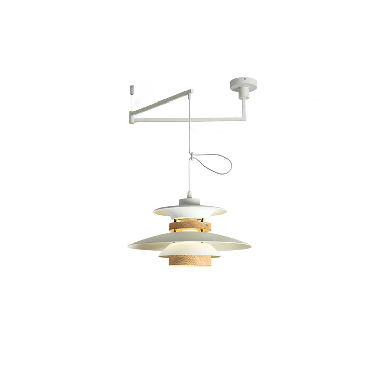 Elegancka lampa wisząca LED z drewna, obrotowa. Designerskie oświetlenie sufitowe do salonu.
