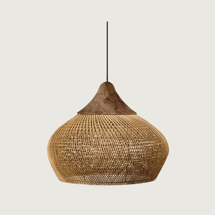 Lampa wisząca rattanowa, styl boho, naturalne oświetlenie sufitowe do wnętrz. Ręcznie robiona dekoracja.