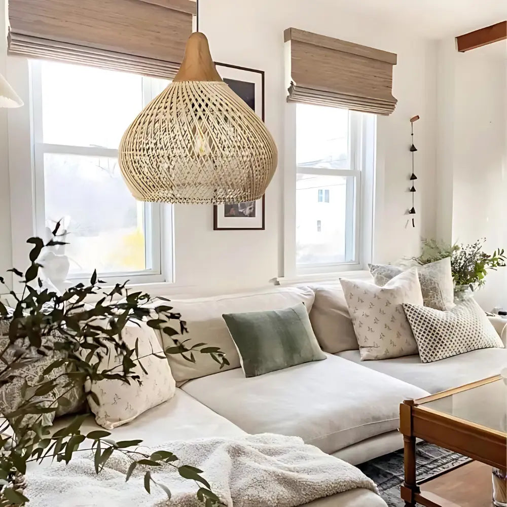 Zbliżenie na fakturę rattanowej lampy wiszącej boho, naturalne oświetlenie sufitowe, ręcznie plecione.