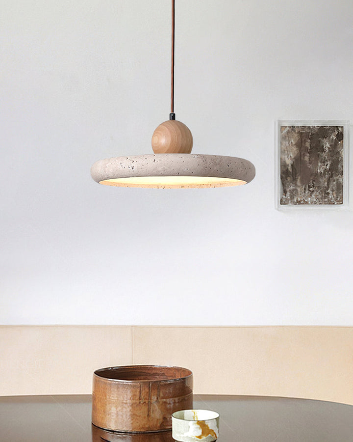 Lampa Siyane z naturalnych materiałów: trawertyn i drewno, elegancki design LED. Artystyczna forma.