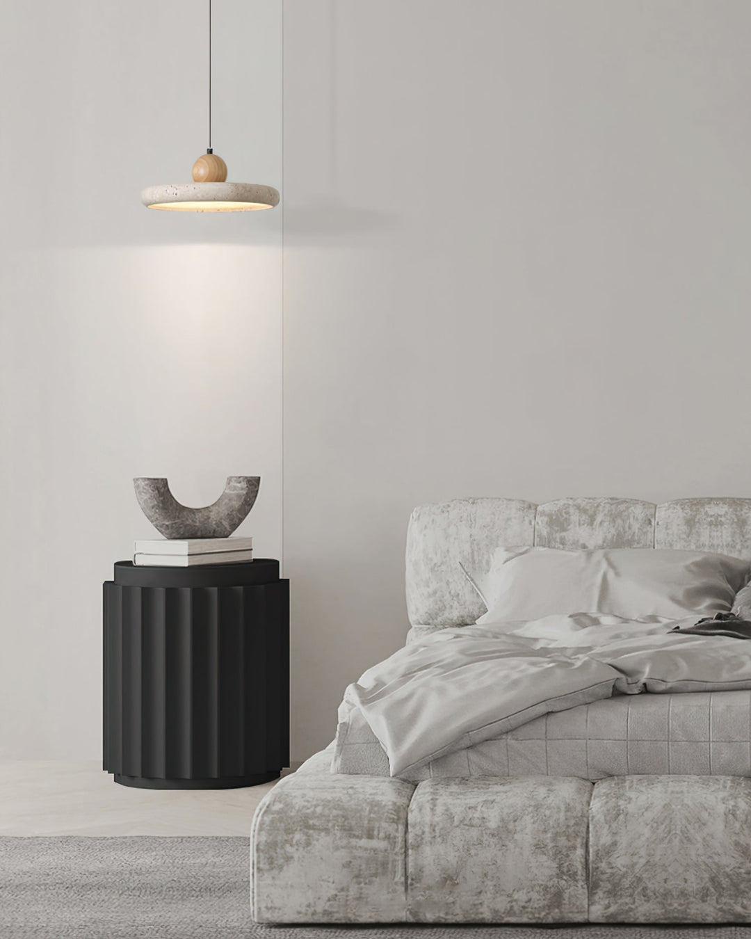 Elegancka lampa wisząca Siyane LED, naturalne drewno, kamień trawertynowy. Design do salonu.