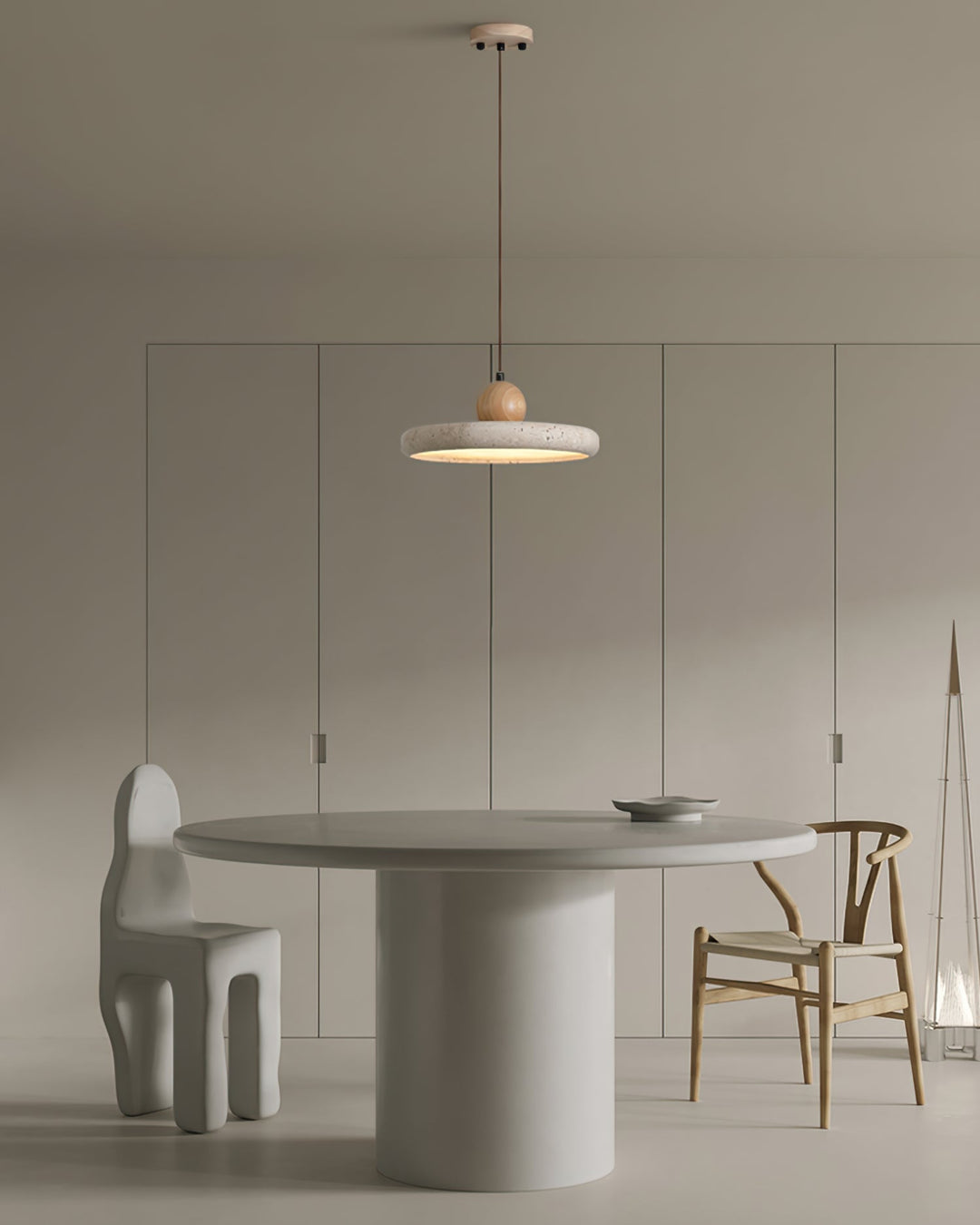 Nowoczesna lampa Siyane do jadalni, trawertyn, drewno, eleganckie oświetlenie LED. Wyjątkowy design.