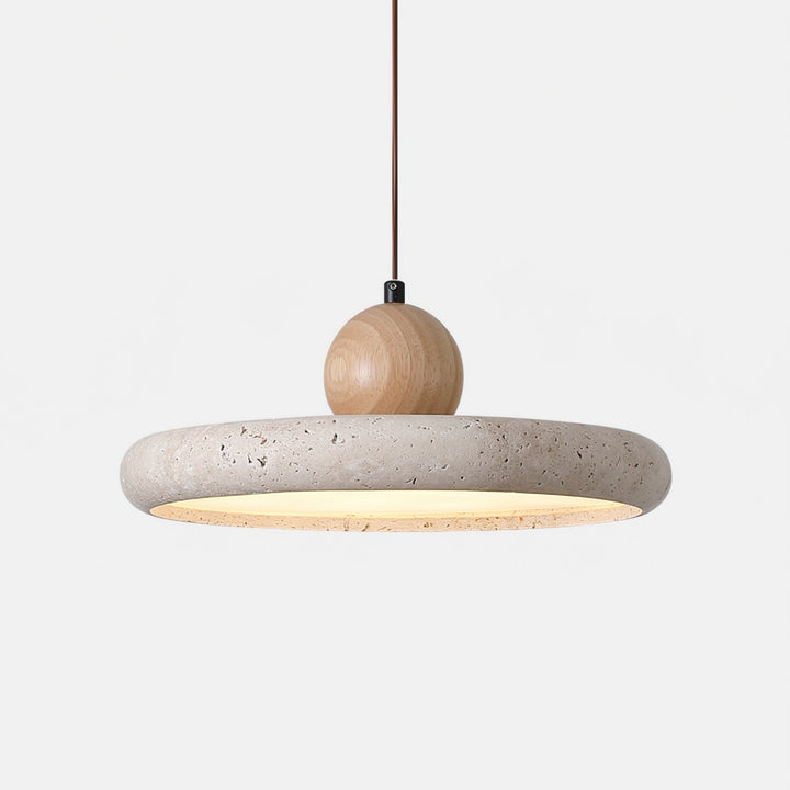 Nowoczesna lampa wisząca Siyane z trawertynu i drewna, unikalny design do jadalni. Styl artystyczny.