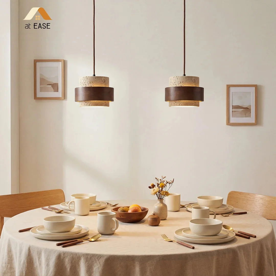 Designerska lampa z naturalnego kamienia wisząca nad wyspę kuchenną