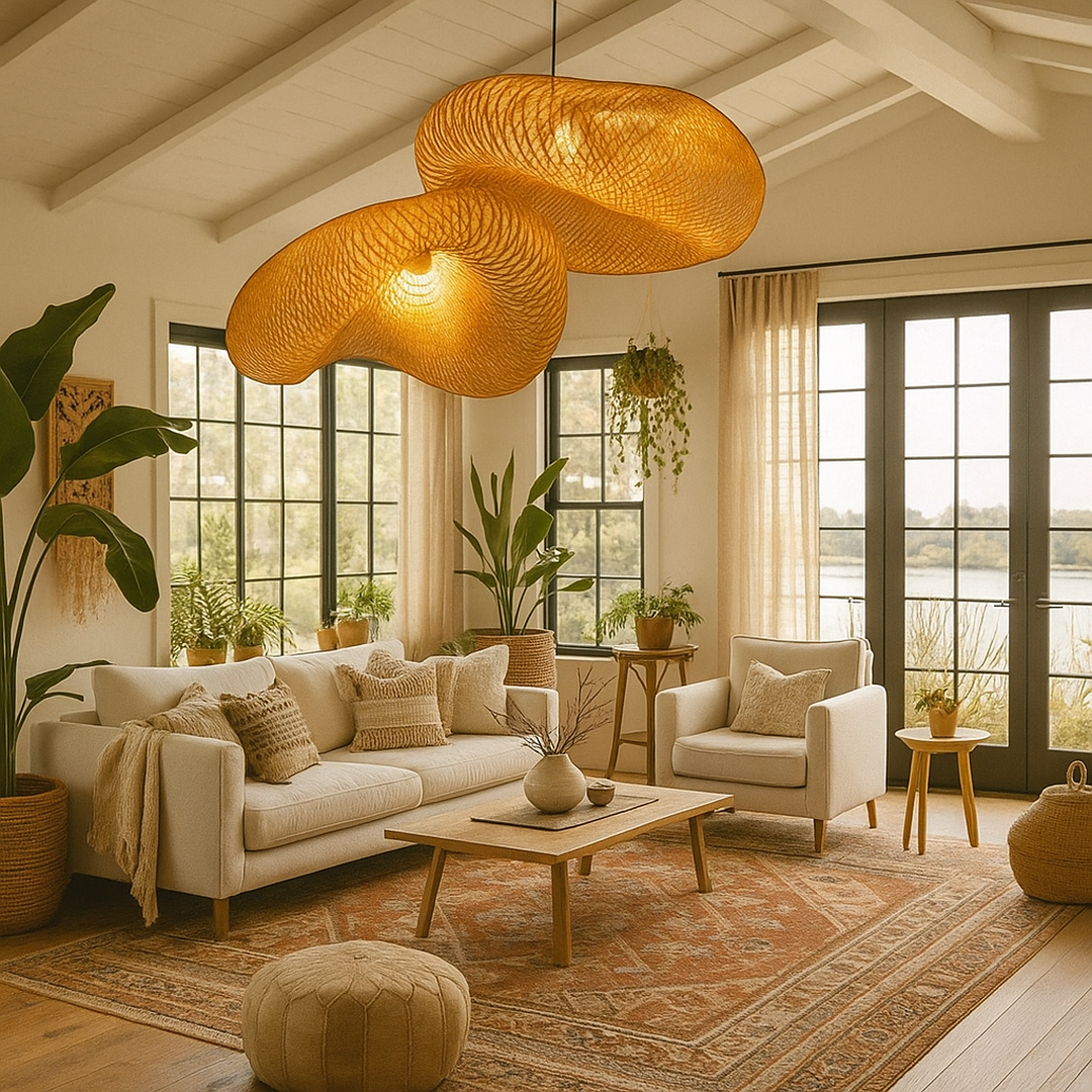 pleciona bambusowa lampa wisząca w stylu boho w aranżacji wnętrza