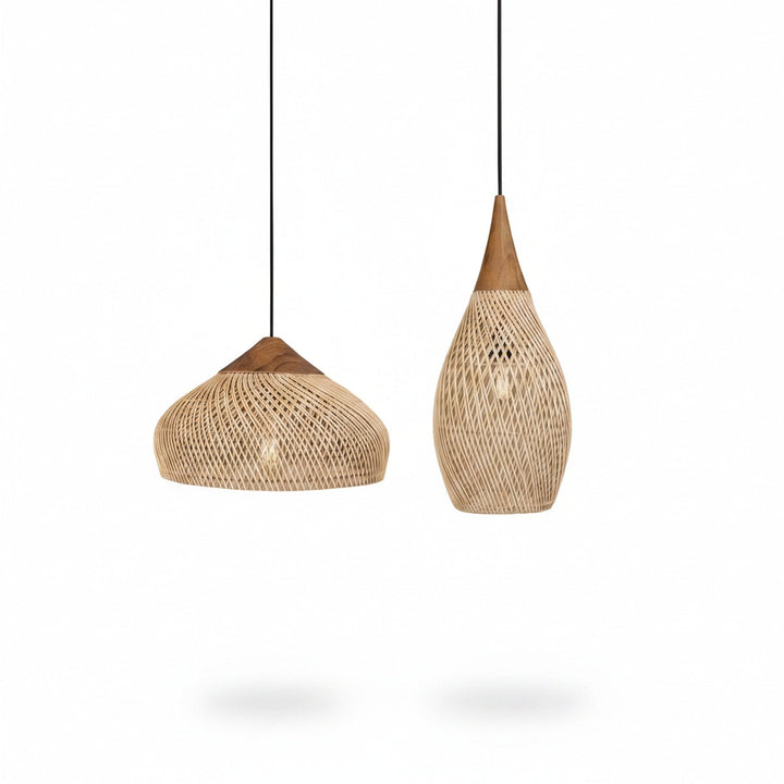 Rattanowa lampa wisząca boho w różnych kształtach na białym tle