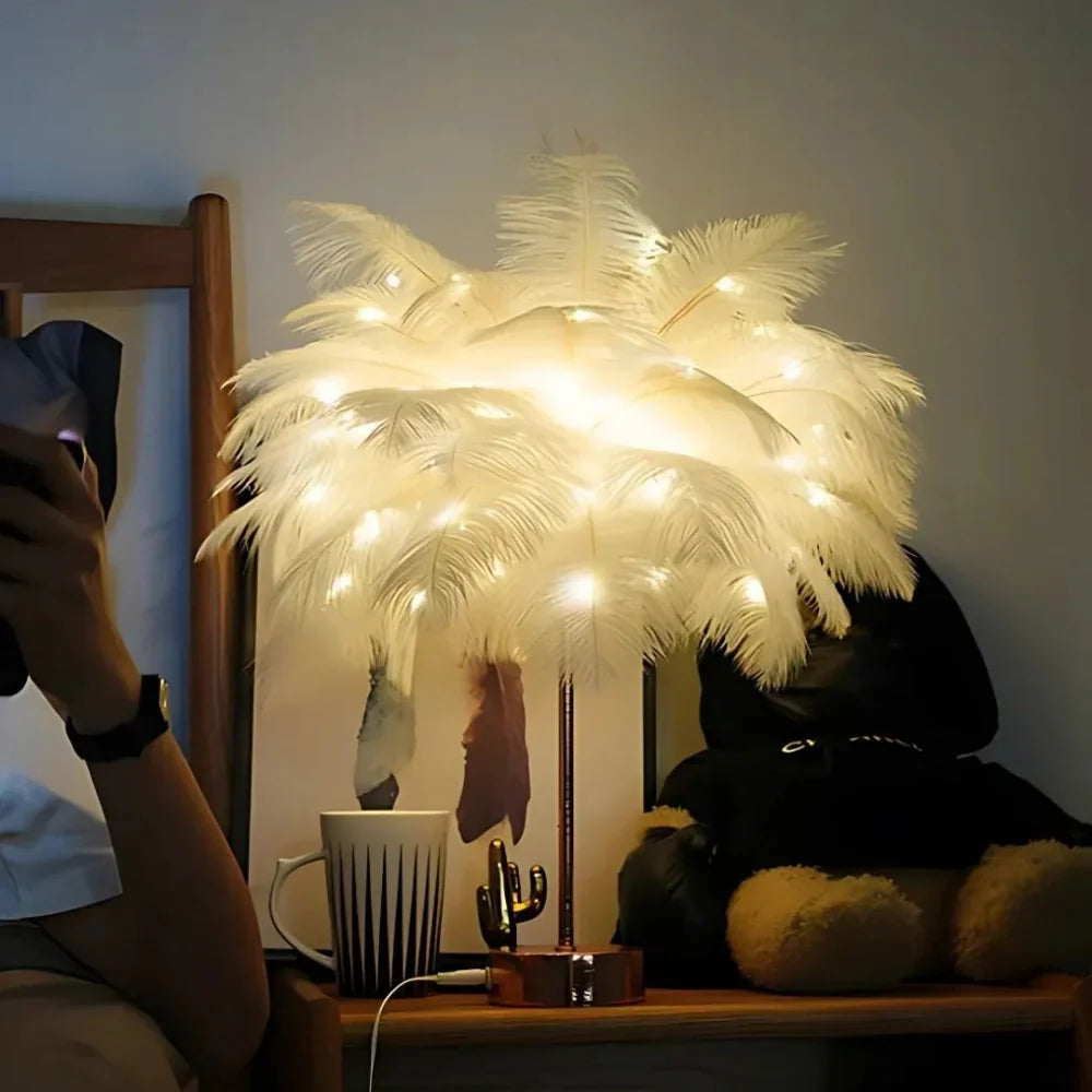 Nowoczesna lampka piórkowa LED, delikatne światło do sypialni i salonu.
