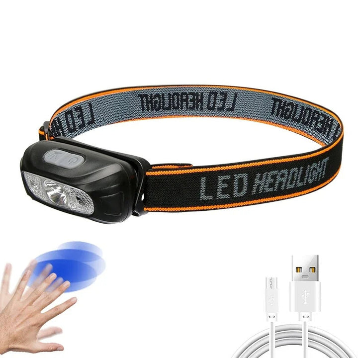 Latarka czołowa LED USB z czujnikiem ruchu, niezawodne światło na przygody outdoorowe i kemping.
