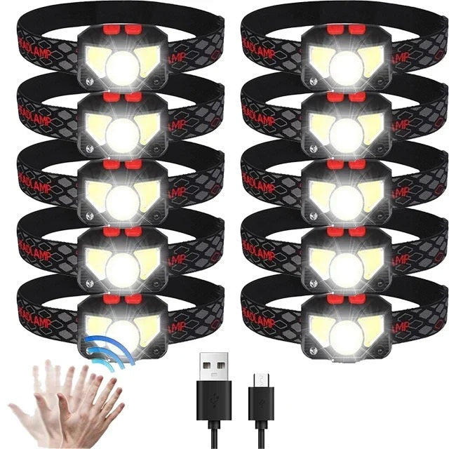 Komfortowa latarka czołowa LED USB z regulowanym paskiem, idealna na długie wędrówki i kemping.