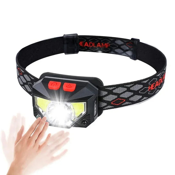 Mocne światło latarki czołowej LED USB, oświetlające drogę podczas nocnego biegu lub turystyki.