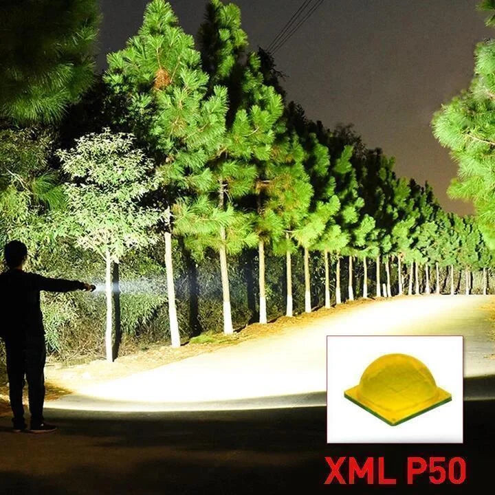 Wytrzymała latarka LED, wodoodporna, z ładowaniem USB i zoomem. Model XHP50.2 do survivalu.