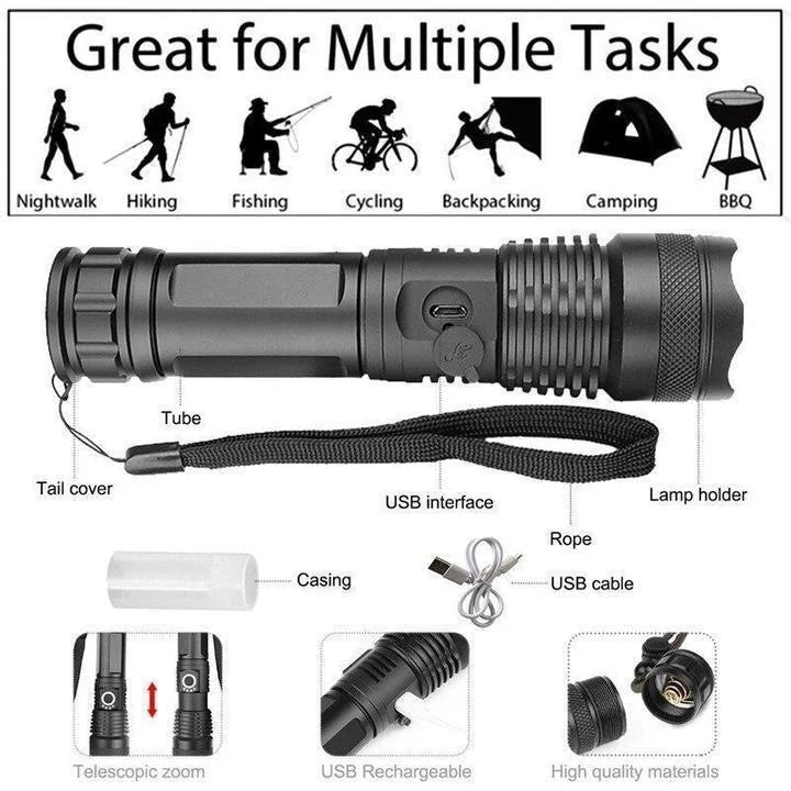 Latarka LED XHP50.2 90000 lm, superjasna, wodoodporna, z zoomem i USB. Idealna do outdooru.