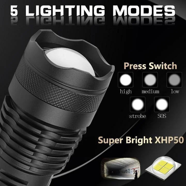 Latarka LED XHP50.2 z 90000 lm i zoomem. Idealna na camping, polowanie, wędkowanie. Ładowanie USB.