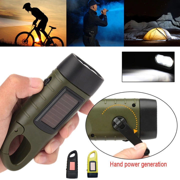 Latarka survivalowa LED z korbką i panelem solarnym, idealna na camping i awaryjne sytuacje outdoor.