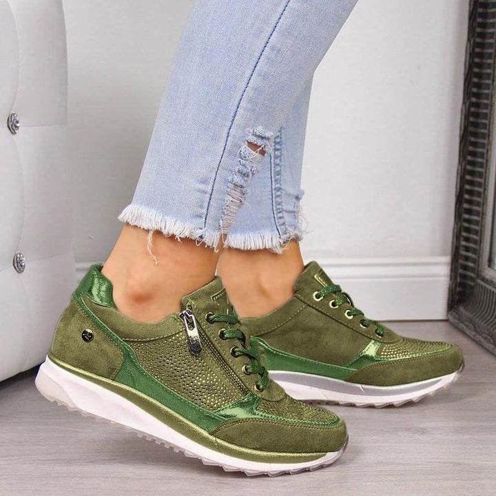 Stylowe zielone damskie sneakersy ortopedyczne z zamkiem. Lekkie i wygodne, sportowe buty na co dzień.