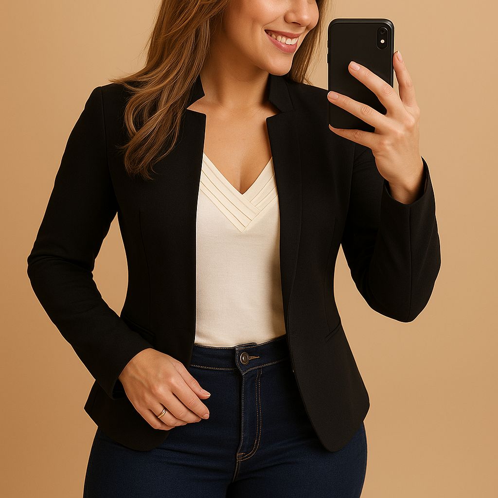Kobieta w czarnej eleganckiej marynarcze damskiej z klapami