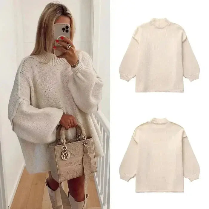 Modny oversizowy sweter damski pokazany z bliska na sylwetce