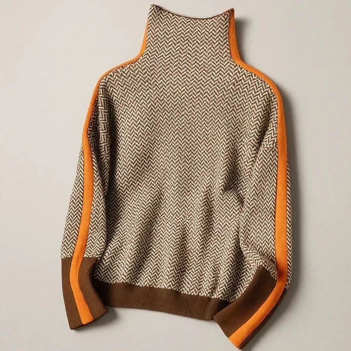 Elegancki sweter damski w paski z wysokim kołnierzem, tył
