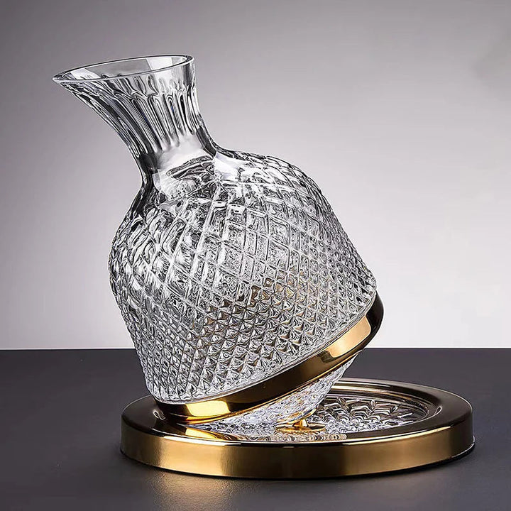 Luksusowa kryształowa karafka obrotowa złoto-srebrna na wino i whisky. Elegancka dekoracja stołu, idealny prezent.