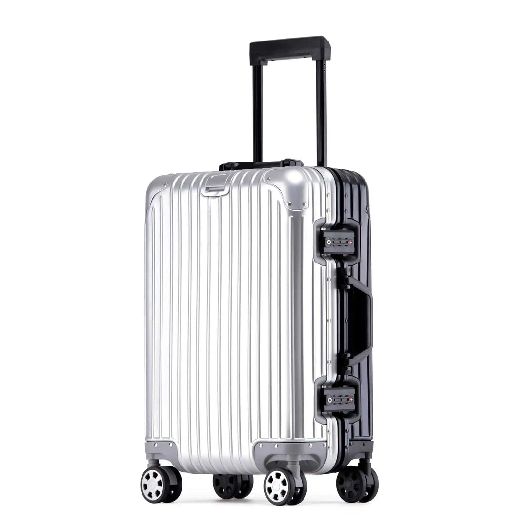 Elegancka walizka kabinowa z twardej skorupy aluminium. Lekki, stylowy bagaż z wygodnymi kółkami 360.