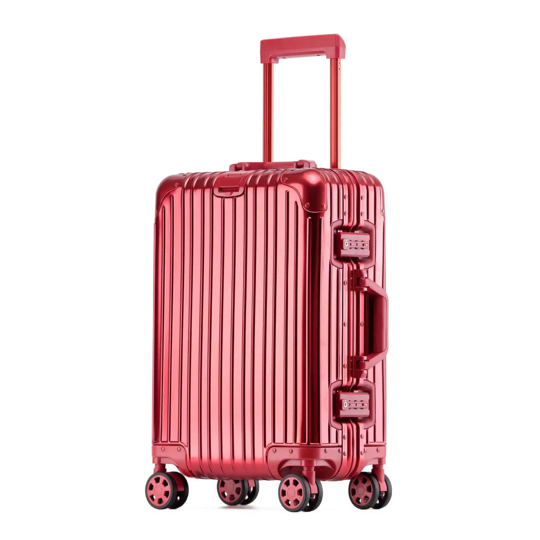 Nowoczesna walizka aluminiowo-magnezowa. Bezpieczny, twardy bagaż podróżny z kółkami i zamkiem TSA.