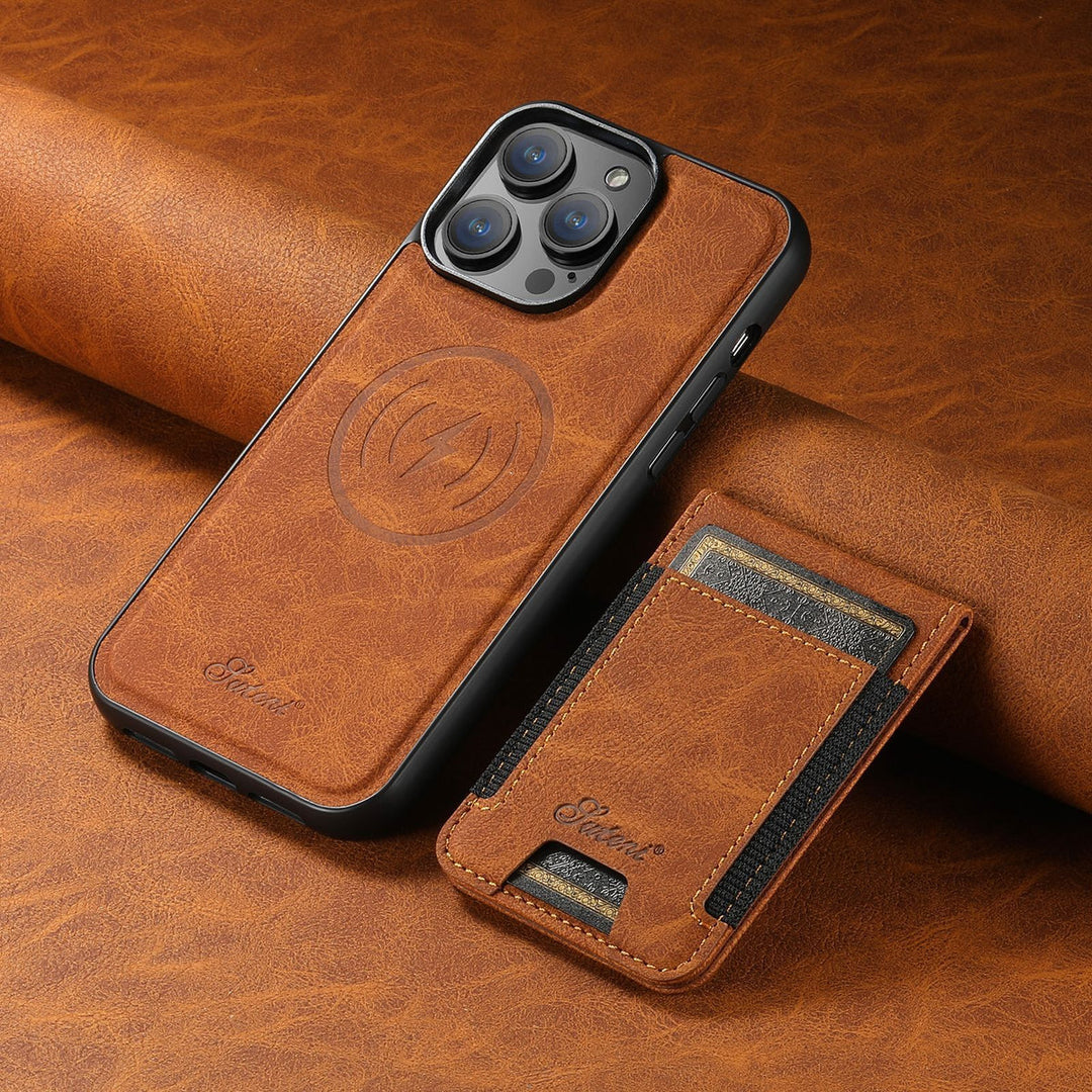 Luksusowe skórzane etui iPhone z uchwytem na karty, kompatybilne z MagSafe, dla eleganckiej ochrony.