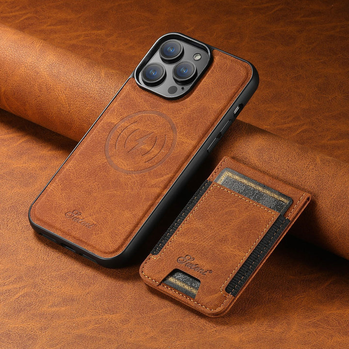 Luksusowe skórzane etui iPhone z uchwytem na karty, kompatybilne z MagSafe, dla eleganckiej ochrony.